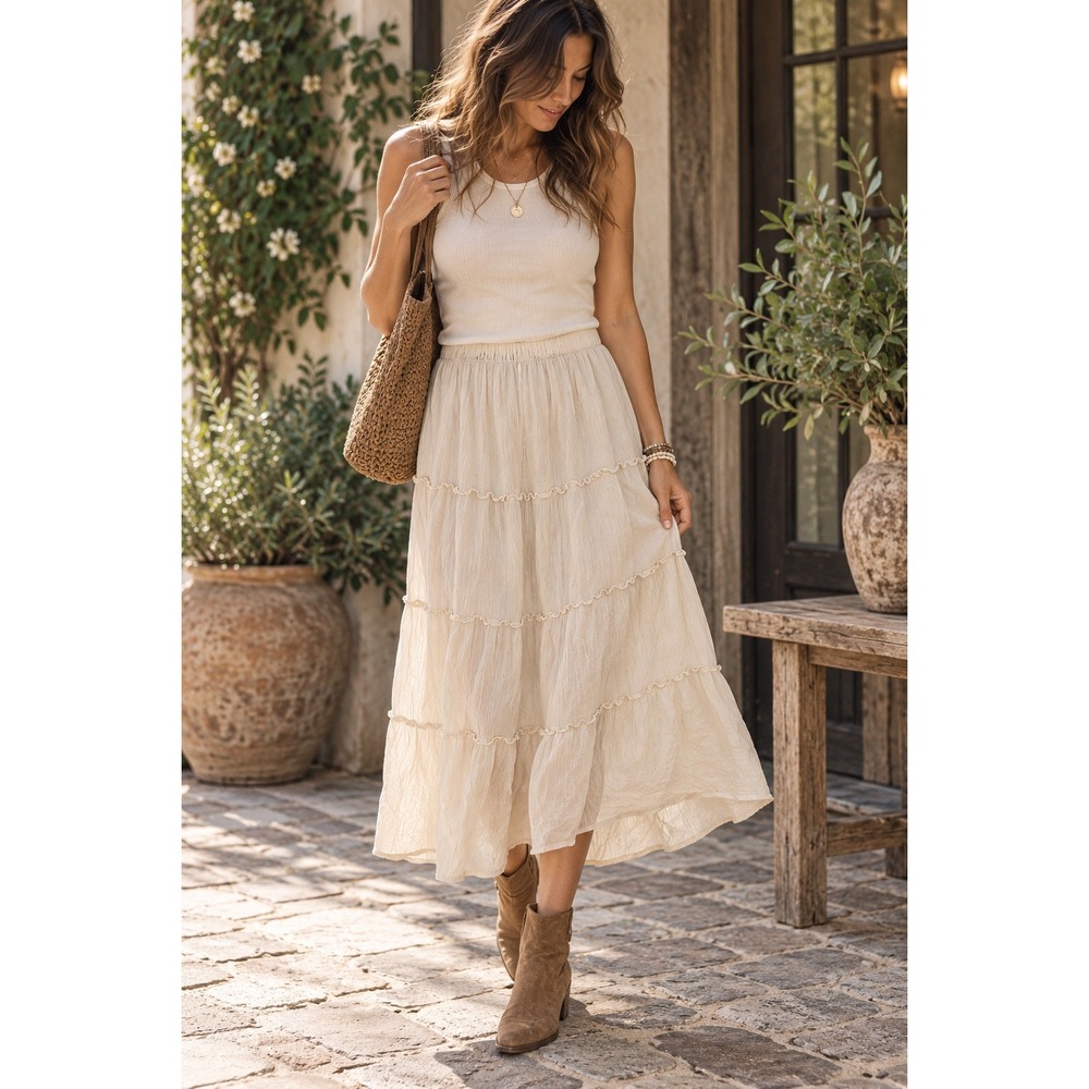 Hollister Cream Tiered Maxi Skirt Size L Ruffle Boho Coastal Romantic